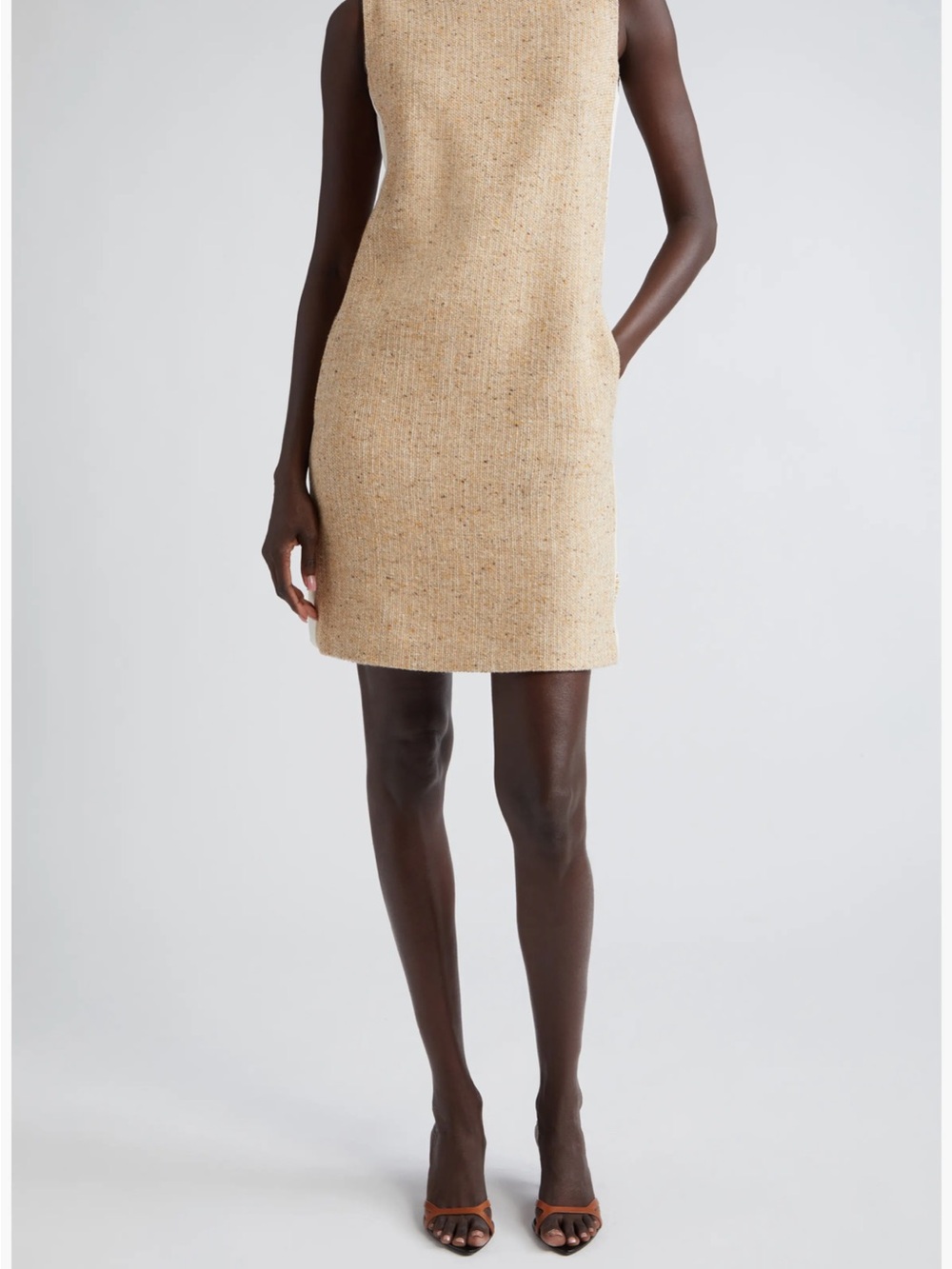 St. John Neutral Tweed Midi Dress with Cream Trim